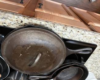 #116 Set of 3 Cast Iron Skillets Lodge - 6.5", 8", and 8" has one lid for 8" Skillets $25.00