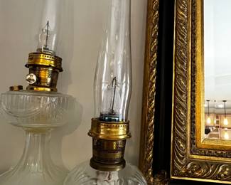 #022 Misc. - LR Lincoln Oil Lamp w/Tall Glass Globe - 24" Tall $75.00 #021 Glass Oil Lamp 23 Aladdin w/Tall Glass Globe - 1908 - 19" Tall $60.00