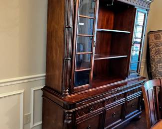 #001 Wood China Cabinet w/3 deep drawers and 3 pull-out drawers lighted w/2 glass doors and 2 shelves - and 2 glass shelves in center of console - 68x20x30-80 $175.00