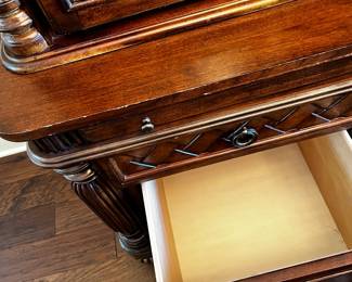 #001 Wood China Cabinet w/3 deep drawers and 3 pull-out drawers lighted w/2 glass doors and 2 shelves - and 2 glass shelves in center of console - 68x20x30-80 $175.00
