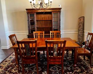 #001 Wood China Cabinet w/3 deep drawers and 3 pull-out drawers lighted w/2 glass doors and 2 shelves - and 2 glass shelves in center of console - 68x20x30-80 $175.00