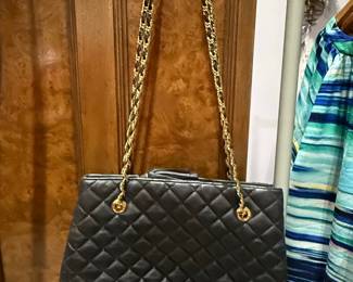Chanel style Black Quilted Leather Shoulder Bag with Gold Chain Strap