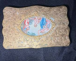 Vintage Gold Tone Enamel Scene Powder Compact