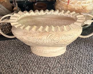 Decorative Metal Oval Urn Planter with Ruffled Rim and Relief Molding