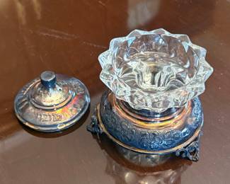 Silver-Tone and Cut Glass Honey Dish with Hebrew Inscription