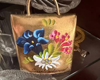 Vintage Hand-Painted Swiss Cowbell Souvenir with Edelweiss and Gentian Flowers