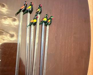 Set of 5 Vintage Handblown Glass Parrot Cocktail Stirrers Swizzle Sticks