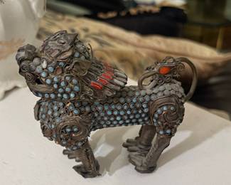 Tibetan Filigree Foo Dog Figurine with Turquoise and Coral
