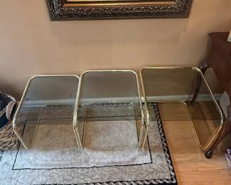 Mid-Century Modern Brass and Smoked Glass Nesting Tables, Set of 3