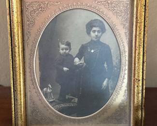 Antique Portrait Photograph of Woman and Child in Ornate Gilt Frame