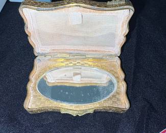 Vintage Gold Tone Enamel Scene Powder Compact