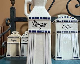 Vintage German Ceramic Vinegar Cruet with Blue Line and Square-Dot Detailing