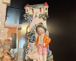 Antique German Porcelain Figural Spill Vases, Boy and Girl with Castle Gate