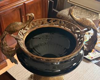 Vintage Black Porcelain and Bronze Peacock Centerpiece Bowl