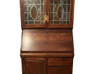Antique Victorian Walnut Secretary Desk with Leaded Glass Hutch