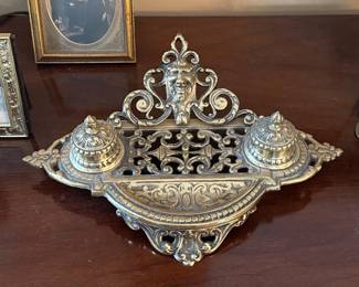 Vintage Ornate Brass Tone Double Inkstand with Grotesque Mask