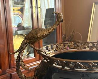 Vintage Black Porcelain and Bronze Peacock Centerpiece Bowl
