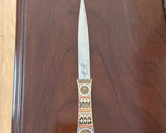 Mid Century Damascene-style Letter Opener Ornate Gold Enamel Desk Knife Vintage