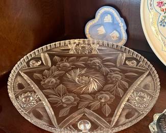 Vintage Cut Crystal Cake Stand with Floral and Starburst Motifs