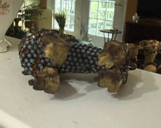 Tibetan Filigree Foo Dog Figurine with Turquoise and Coral