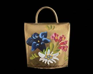 Vintage Hand-Painted Swiss Cowbell Souvenir with Edelweiss and Gentian Flowers