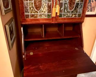 Antique Victorian Walnut Secretary Desk with Leaded Glass Hutch
