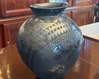 Mata Ortiz Black-on-Black Etched Pottery Olla by Tomasa Mora