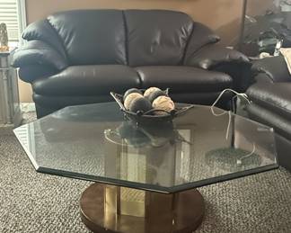 Postmodern Hexagonal Glass and Brass Coffee Table by Pace Collection
