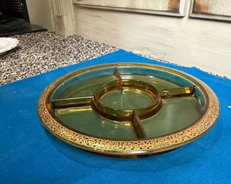 Vintage Amber Glass Divided Relish Tray with Gold Gilt Scroll Trim