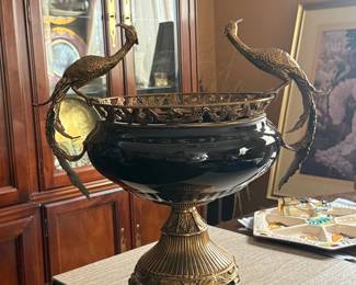Vintage Black Porcelain and Bronze Peacock Centerpiece Bowl