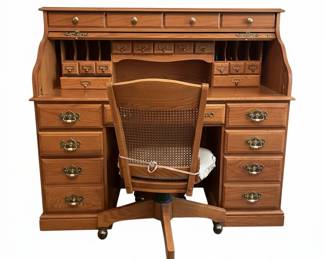 Vintage Oak Roll-Top Desk and Chair Set