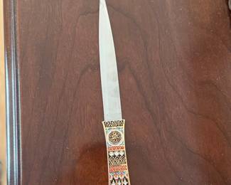 Mid Century Damascene-style Letter Opener Ornate Gold Enamel Desk Knife Vintage