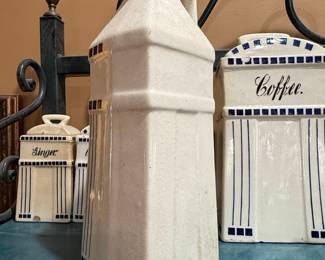 Vintage German Ceramic Vinegar Cruet with Blue Line and Square-Dot Detailing
