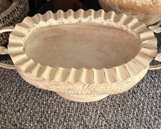 Decorative Metal Oval Urn Planter with Ruffled Rim and Relief Molding
