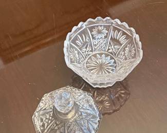 Pressed Glass Covered Candy Dish with Starburst and Diamond Patterns