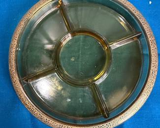 Vintage Amber Glass Divided Relish Tray with Gold Gilt Scroll Trim