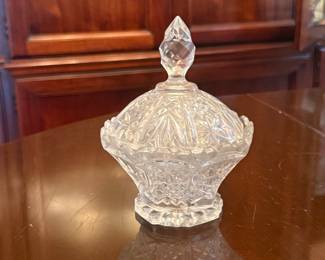 Pressed Glass Covered Candy Dish with Starburst and Diamond Patterns