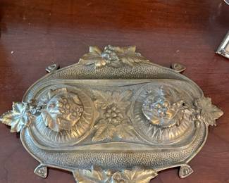 Art Nouveau Grape and Leaf Motif Double Inkwell Stand