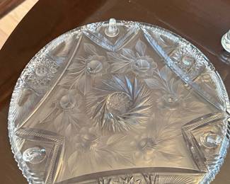Vintage Cut Crystal Cake Stand with Floral and Starburst Motifs
