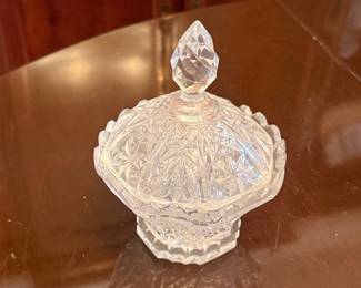 Pressed Glass Covered Candy Dish with Starburst and Diamond Patterns