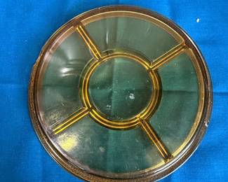 Vintage Amber Glass Divided Relish Tray with Gold Gilt Scroll Trim