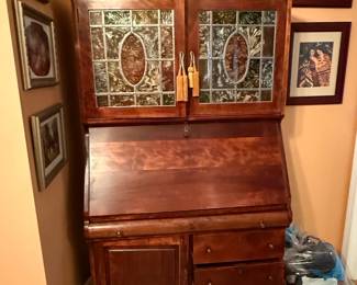 Antique Victorian Walnut Secretary Desk with Leaded Glass Hutch