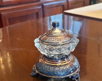 Silver-Tone and Cut Glass Honey Dish with Hebrew Inscription