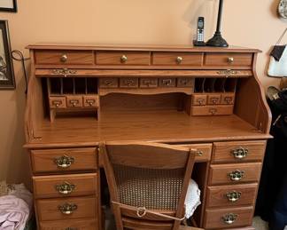 Vintage Oak Roll-Top Desk and Chair Set