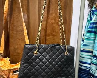 Chanel style Black Quilted Leather Shoulder Bag with Gold Chain Strap