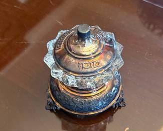 Silver-Tone and Cut Glass Honey Dish with Hebrew Inscription