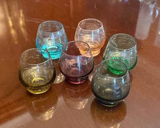 Mid-Century Multi-Colored Etched Glass Shot Glasses