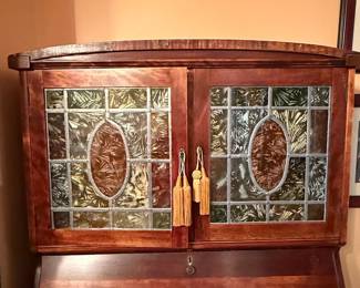 Antique Victorian Walnut Secretary Desk with Leaded Glass Hutch