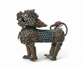 Tibetan Filigree Foo Dog Figurine with Turquoise and Coral