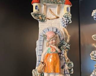 Antique German Porcelain Figural Spill Vases, Boy and Girl with Castle Gate